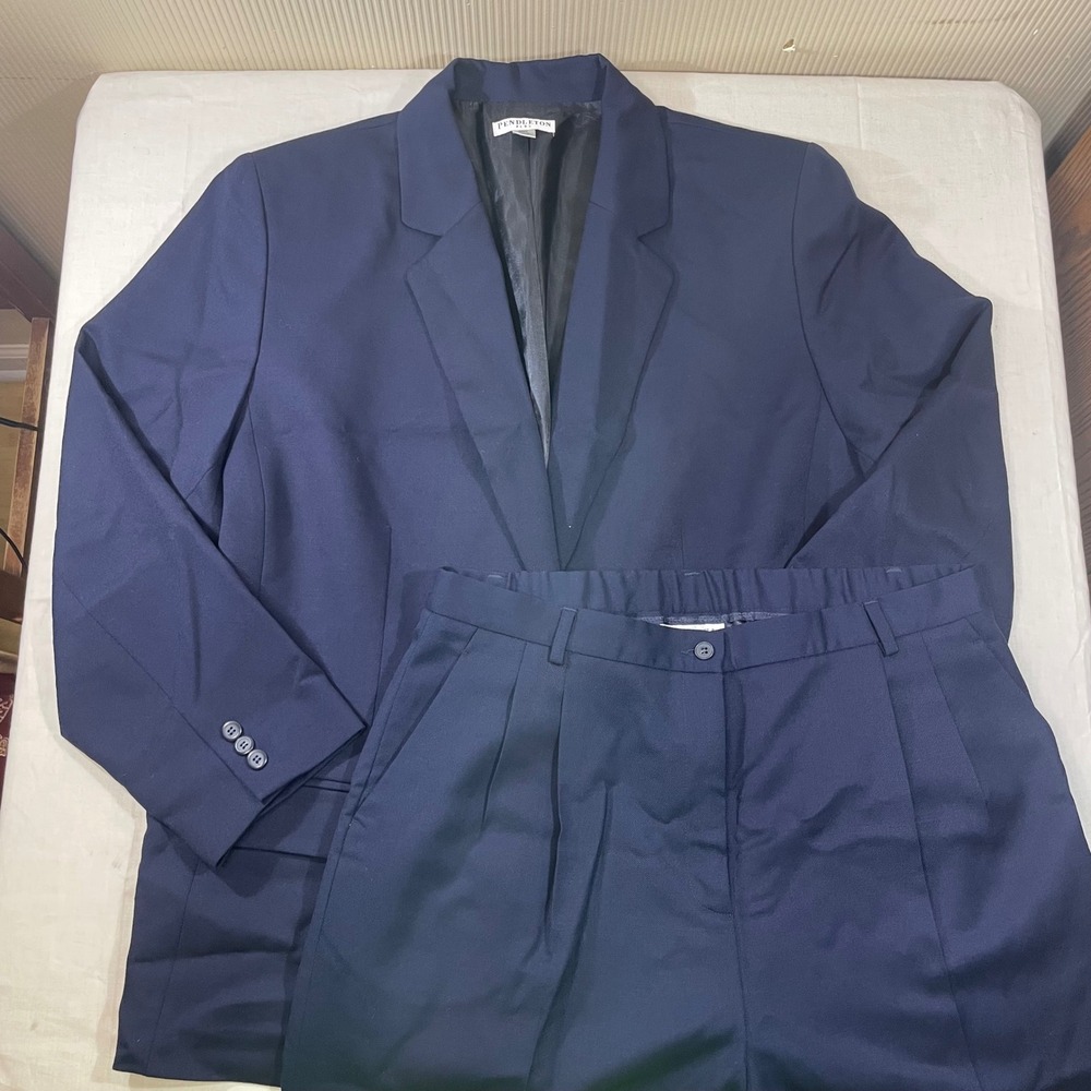Pendleton Plus Navy Blue 100% Virgin Wool Pant Suit Set Blazer Trousers 20W